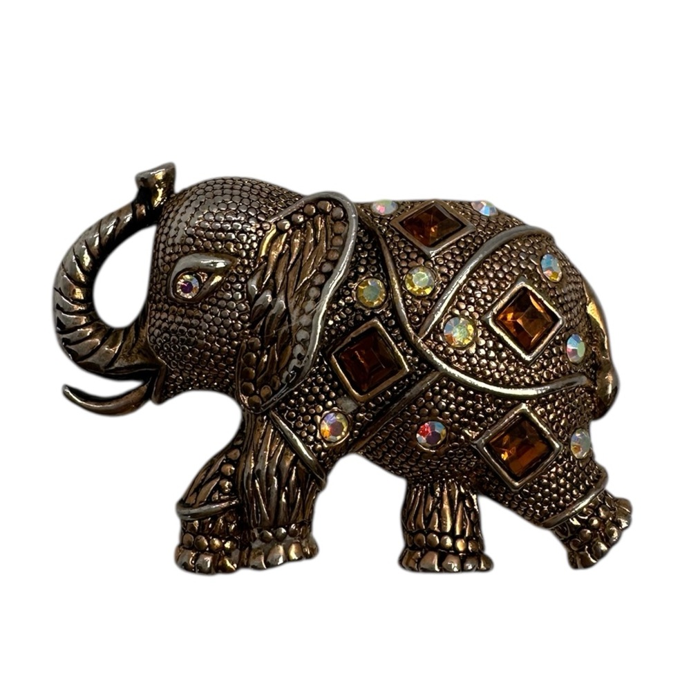 Vintage Unsigned Indian Elephant Gold Tone
Amber Rhinestone Pin Brooch Beautiful
